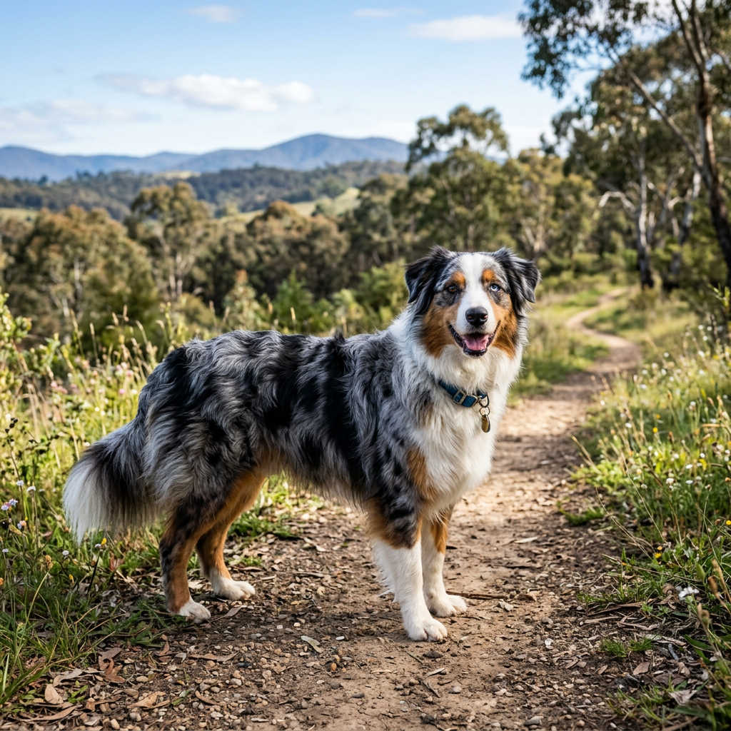 Australian Shepherd dog standing on a dirt trail in a natural outdoor setting